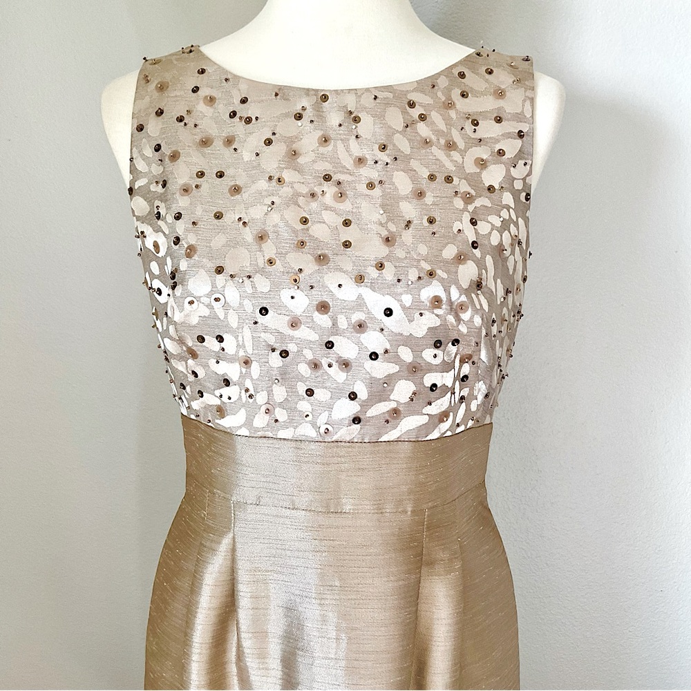 Tahari Gold Metallic Sequin Beaded Dress